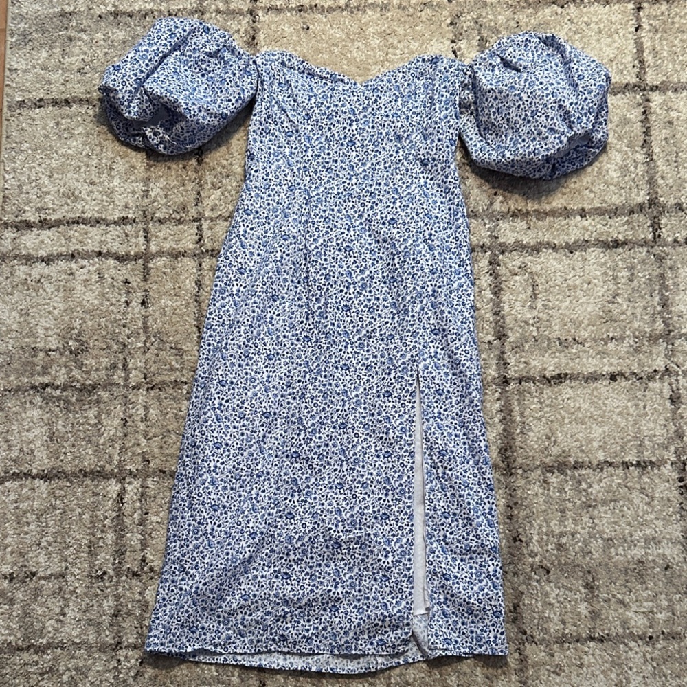 H&M Blue Floral Off Shoulder Puff Sleeve Midi Dress